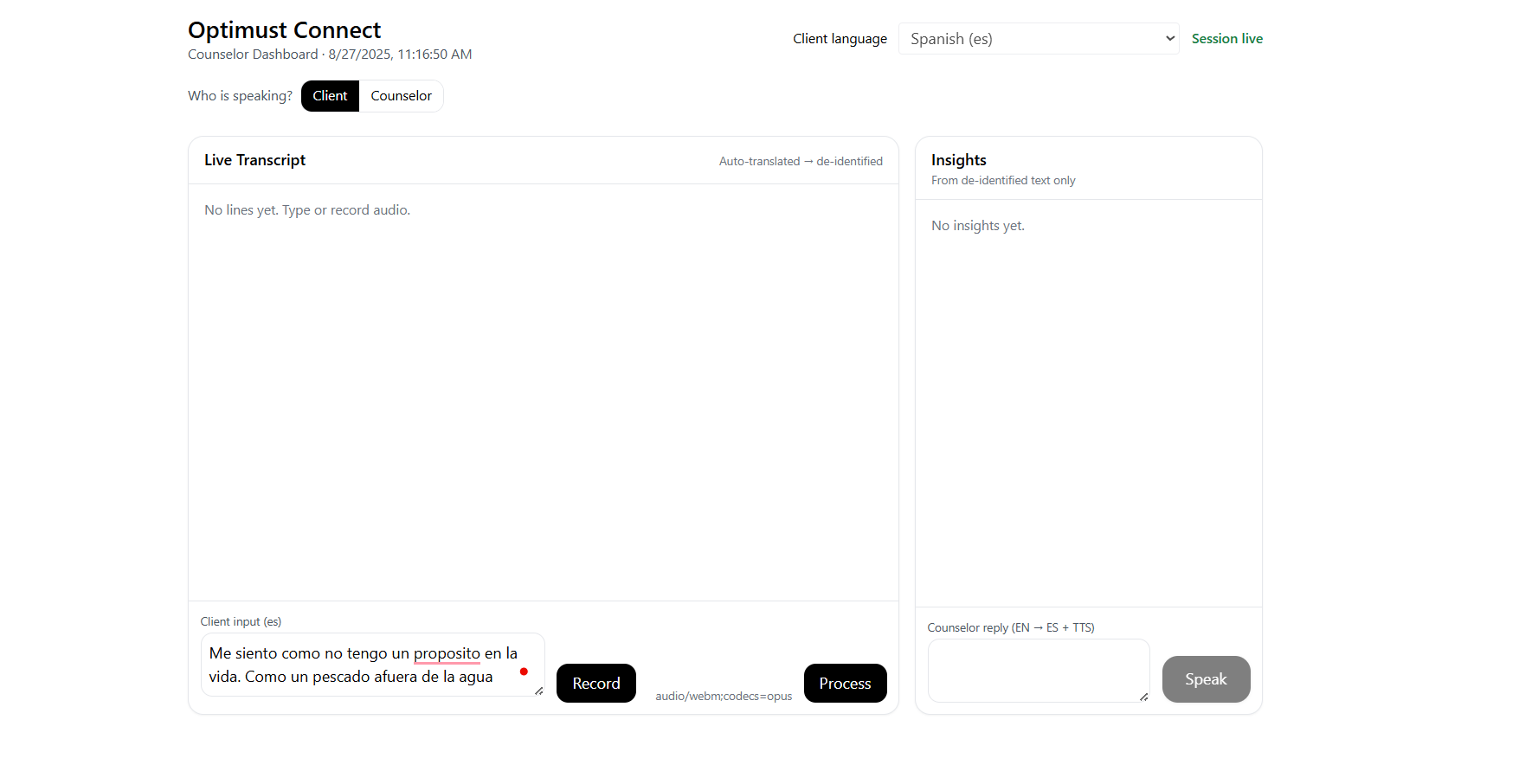 Optimust Connect Interface Showing Emotion Analysis